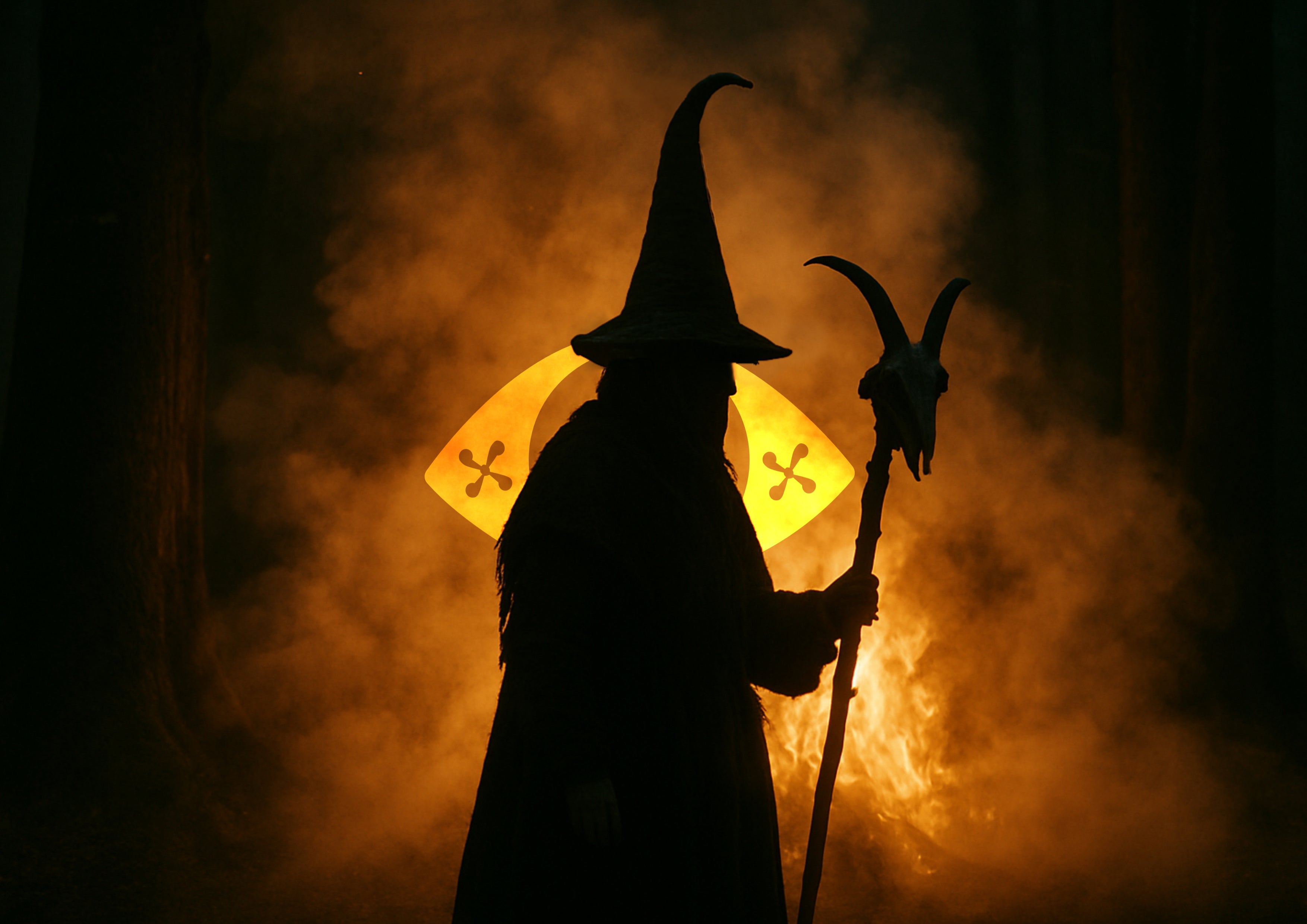 Sorgina suaren inguruan kea duelarik, aztarna logoarekin.