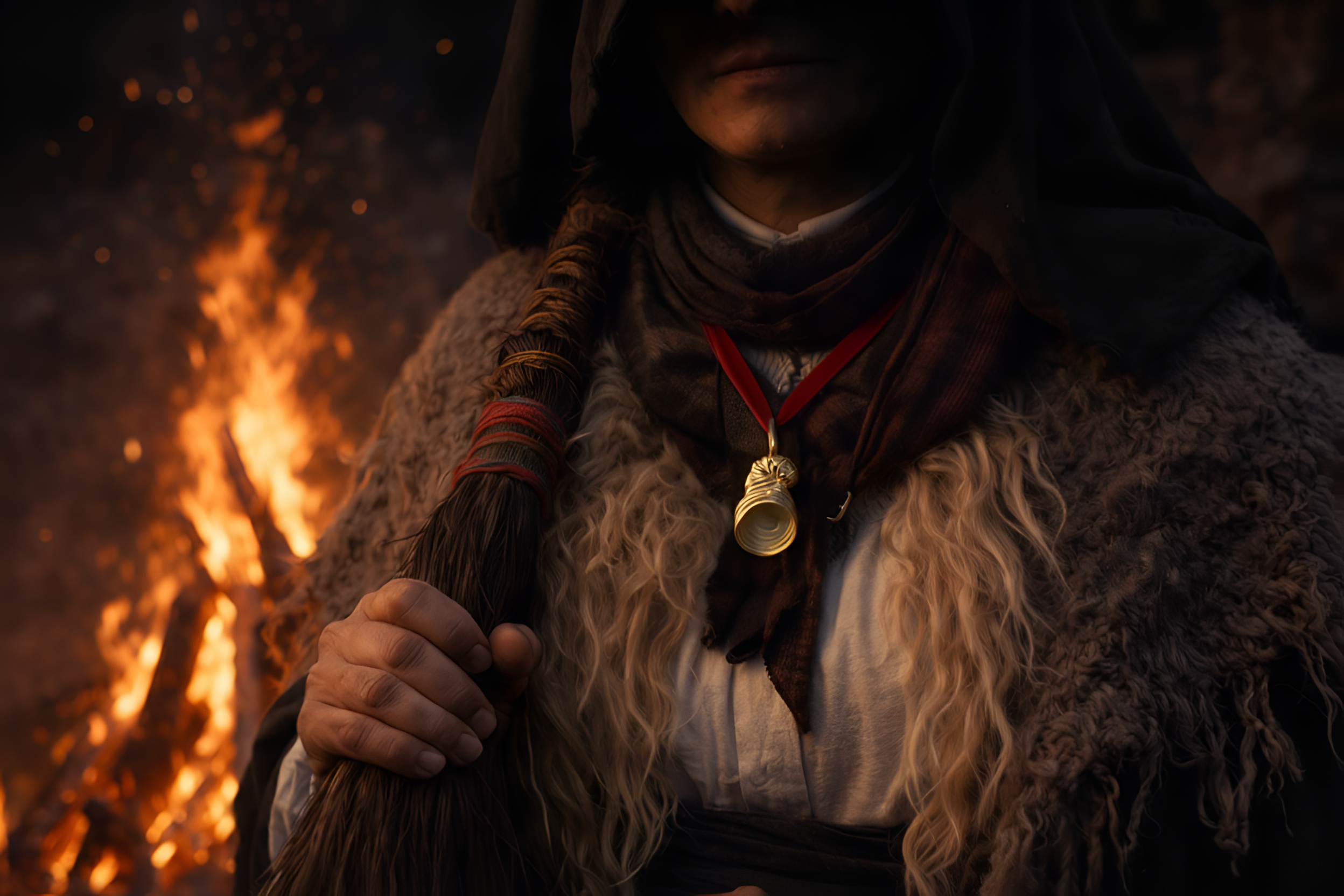 Sorgin bat sorgin lepokoa jantzita duela suaren aurrean