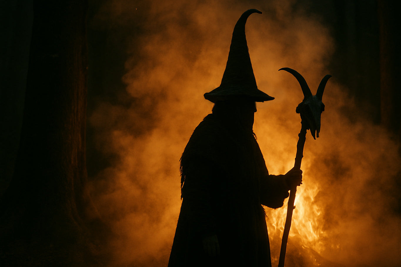 Sorgina suaren inguruan oinez, kea duelarik ingurua. Akerraren eskeletoa eskuan dauka.