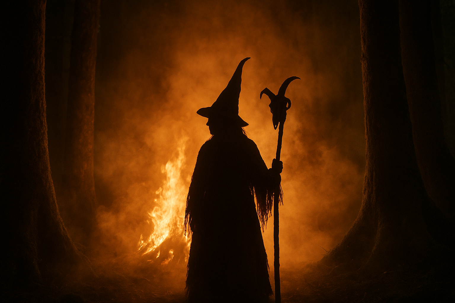 Sorgina suaren aurrean, kea duelarik. Silueta iluna ikusten zaio.